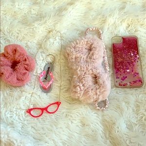 Pink fur eye mask necklace scrunchie iPhone
